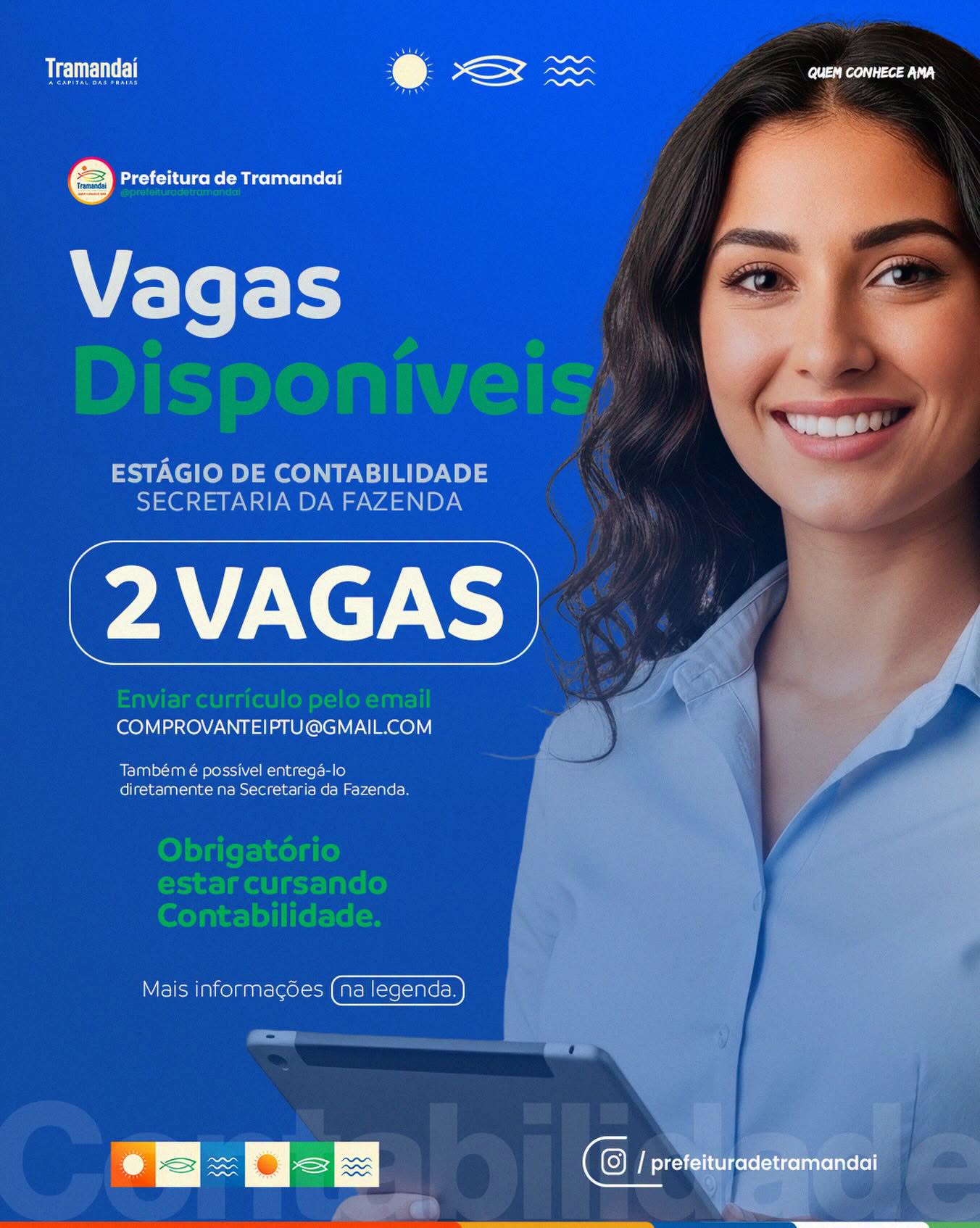 A Secretaria da Fazenda está com 2 vagas abertas para estágio em Contabilidade.