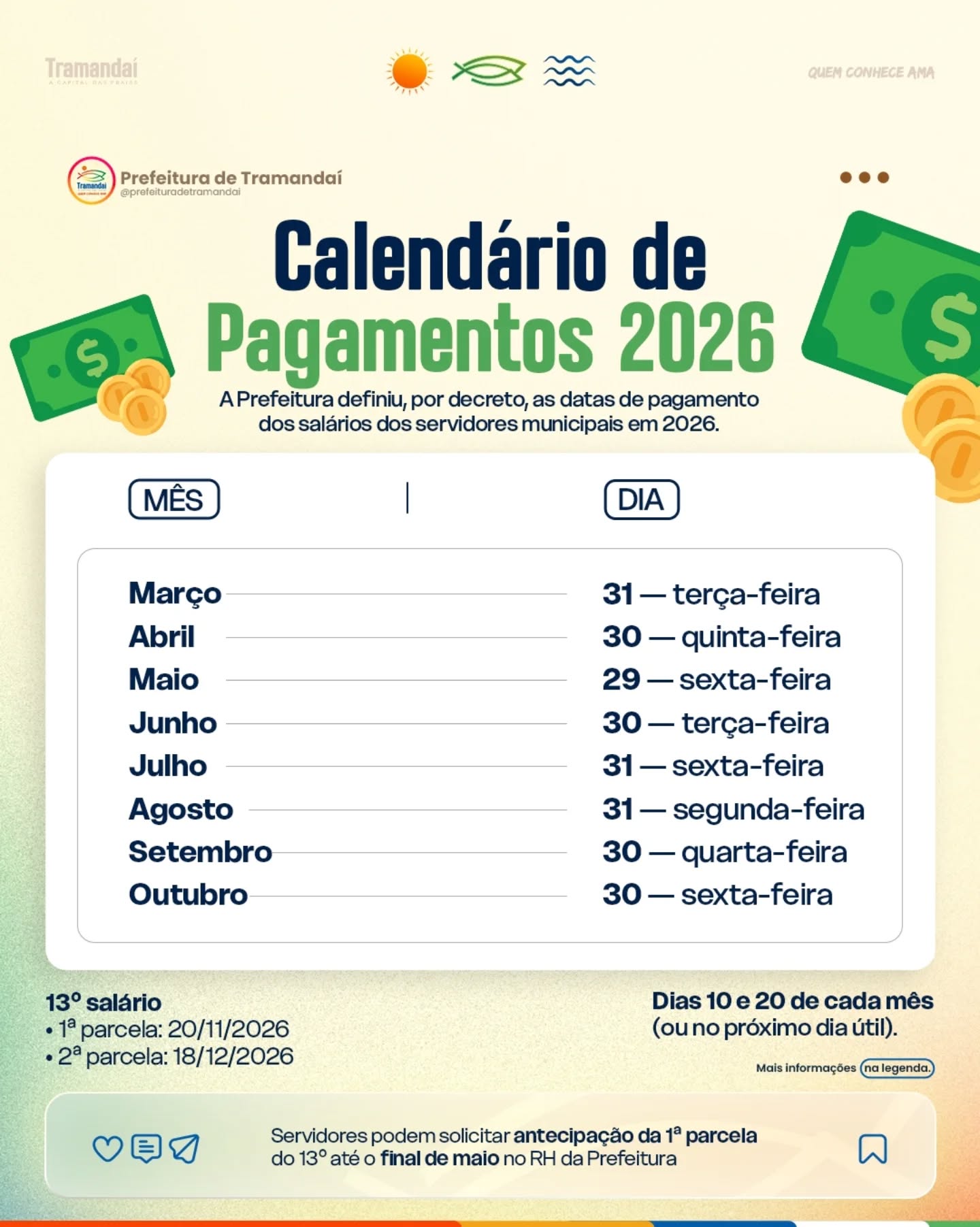 PREFEITURA DE TRAMANDAÍ FIXA CALENDÁRIO DE PAGAMENTO DOS SERVIDORES PARA 2026