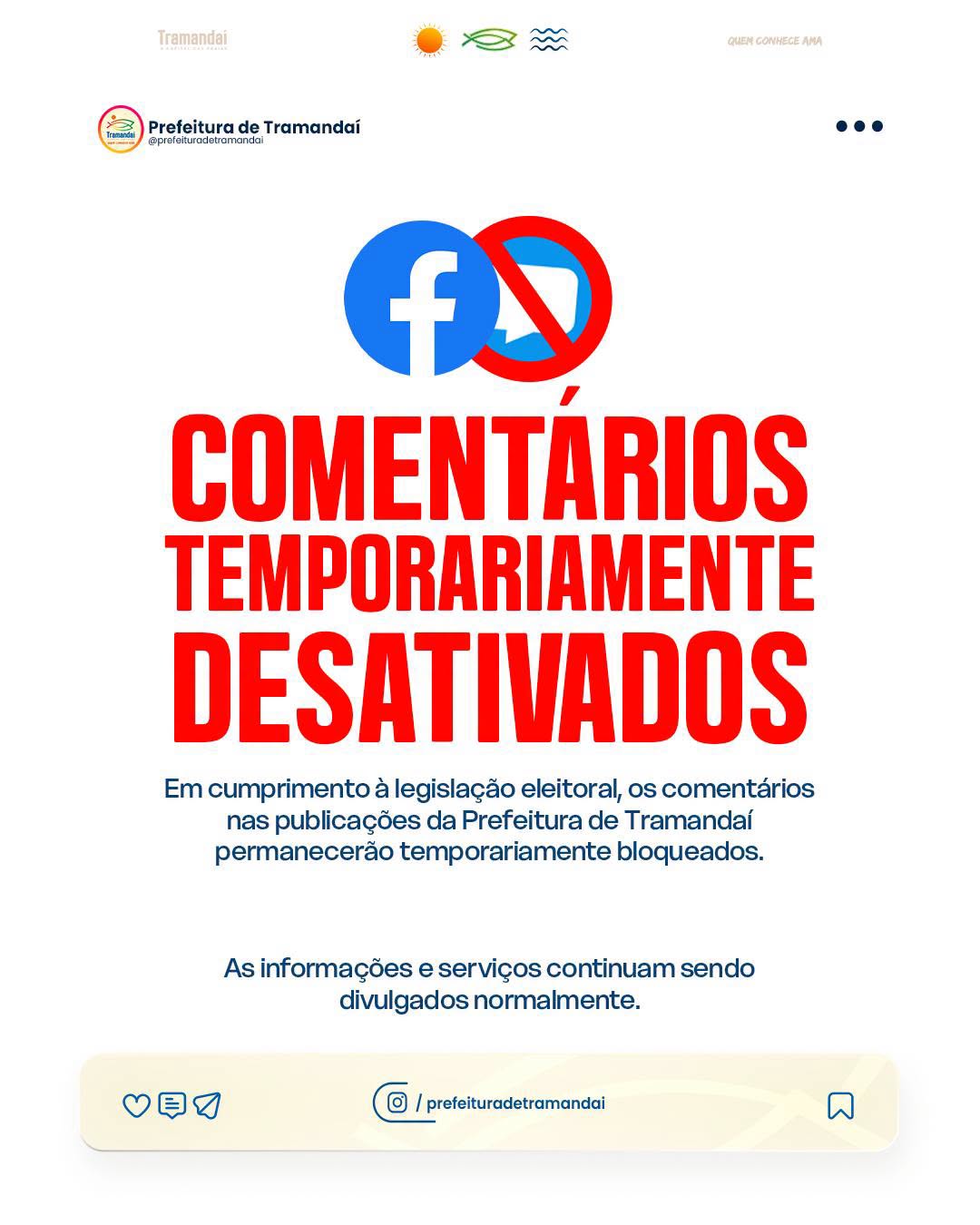 Em cumprimento à legislação eleitoral, os comentários nas publicações da página oficial da Prefeitura de Tramandaí no Facebook estarão temporariamente desativados.