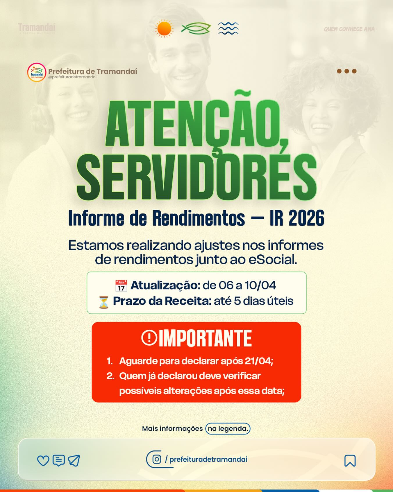 A Prefeitura de Tramandaí, através da secretaria de Administração, informa aos servidores municipais que está realizando ajustes nos informes de rendimentos para a declaração do Imposto de Renda.