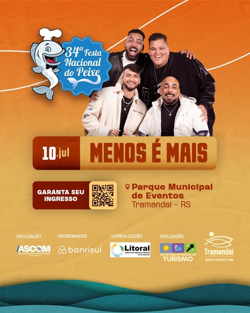 Tramandaí vai colocar todo mundo para cantar e dançar! O fenômeno do pagode Grupo Menos é Mais está confirmado e promete agitar a 34ª Festa Nacional do Peixe!