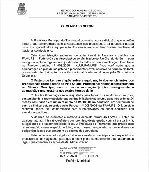 Prefeitura Municipal de Tramandaí comunica, com satisfação, que mantém firme o seu compromisso com a valorização dos profissionais da educação básica municipal, garantindo a equiparação dos vencimentos ao Piso Salarial Profissional Nacional do Magistério.