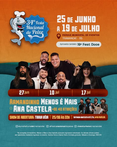 De 25 de junho a 19 de julho, Tramandaí será palco de grandes shows, cultura, gastronomia, feira comercial, entretenimento e momentos inesquecíveis para toda a família, no Parque Municipal de Eventos.