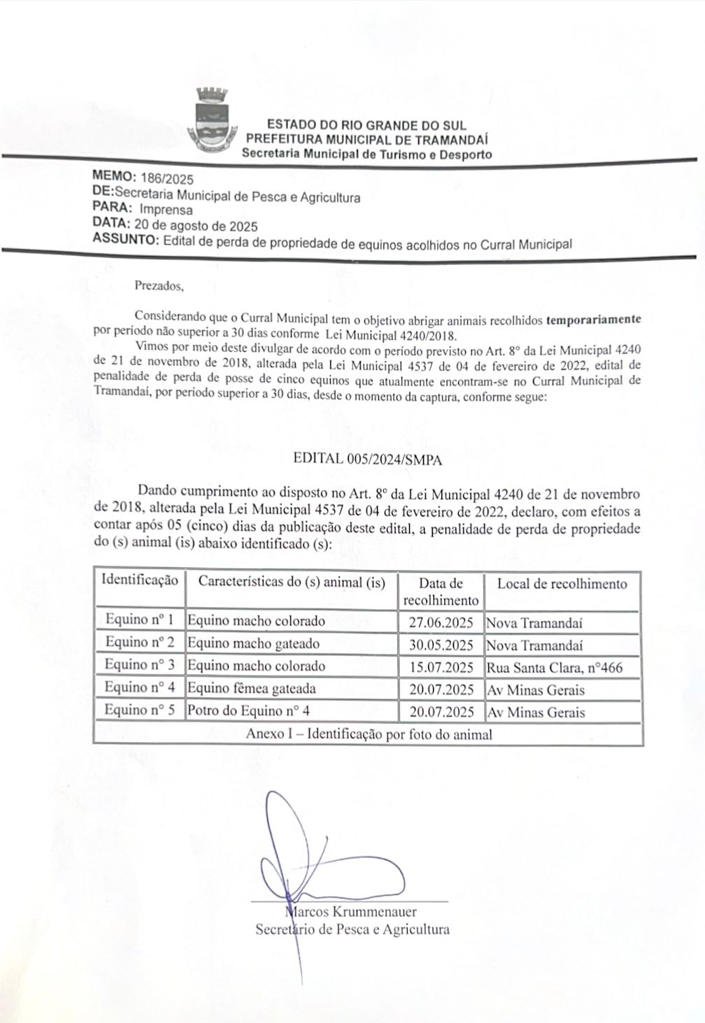 Considerando que o Curral Municipal tem o objetivo abrigar animais recolhidos temporariamente
por período não superior a 30 dias conforme Lei Municipal 4240/2018.
Vimos por meio deste divulgar de acordo com o período previsto no Art. 8º da Lei Municipal 4240 de 21 de novembro de 2018, alterada pela Lei Municipal 4537 de 04 de fevereiro de 2022, edital de penalidade de perda de posse de cinco equinos que atualmente encontram-se no Curral Municipal de Tramandai, por período superior a 30 dias, desde o momento da captura, conforme segue: