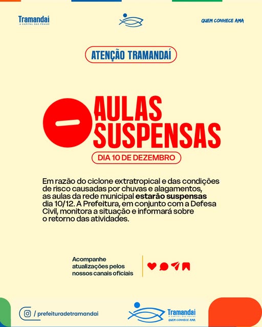 ATENÇÃO: AULAS SUSPENSAS NA REDE MUNICIPAL NESTA QUARTA-FEIRA (10)