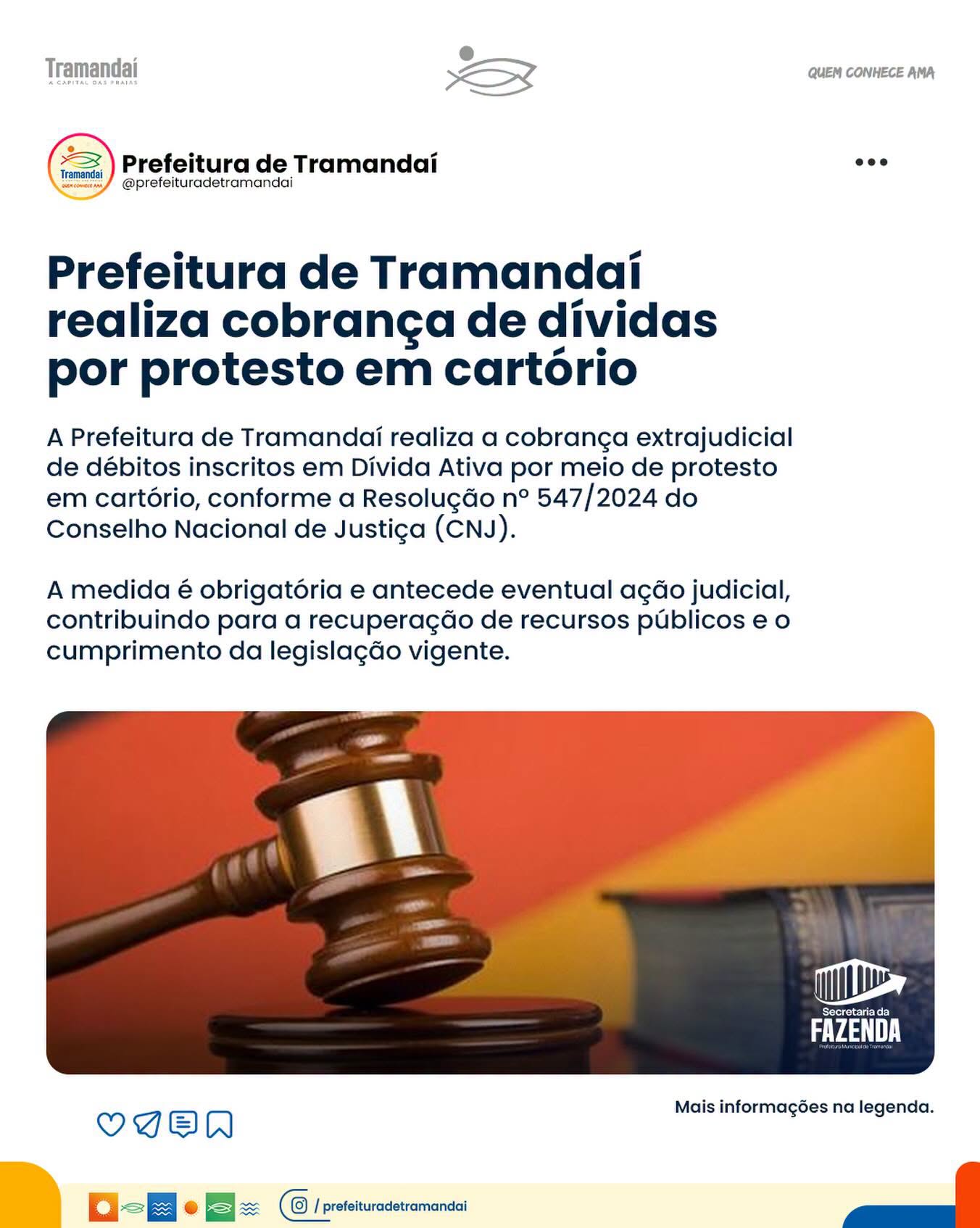 A Prefeitura de Tramandaí, por meio da Secretaria da Fazenda, está realizando a cobrança extrajudicial de débitos inscritos em Dívida Ativa por meio de protesto em cartório, conforme determina a Resolução nº 547/2024 do Conselho Nacional de Justiça (CNJ) e a legislação municipal vigente.