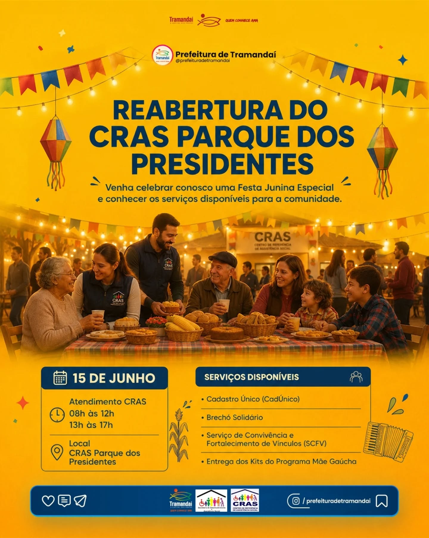 A Prefeitura de Tramandaí, por meio da Secretaria de Desenvolvimento e Assistência Social, informa que o CRAS Parque dos Presidentes retomará os atendimentos a partir do dia 15 de junho, marcando um importante momento de retomada dos serviços após o incidente ocorrido em janeiro deste ano.