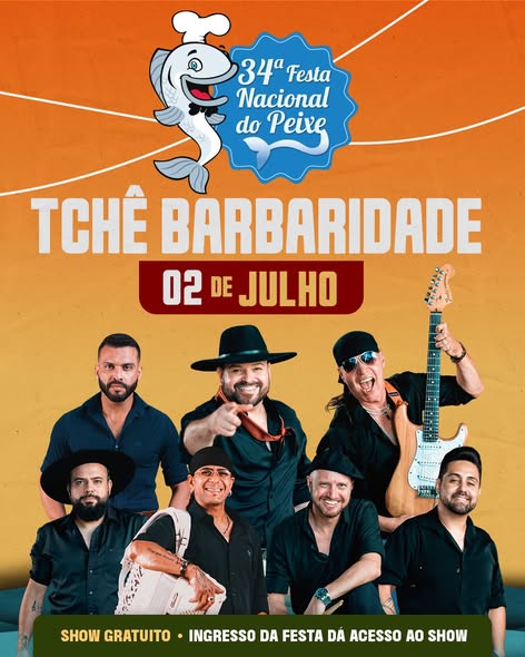 Prepare-se para uma noite de muita música, animação e tradição gaúcha! No dia 02 de julho, às 22h, o palco da 34ª Festa Nacional do Peixe recebe o show da banda Tchê Barbaridade, uma das grandes referências da música regional do sul do Brasil.