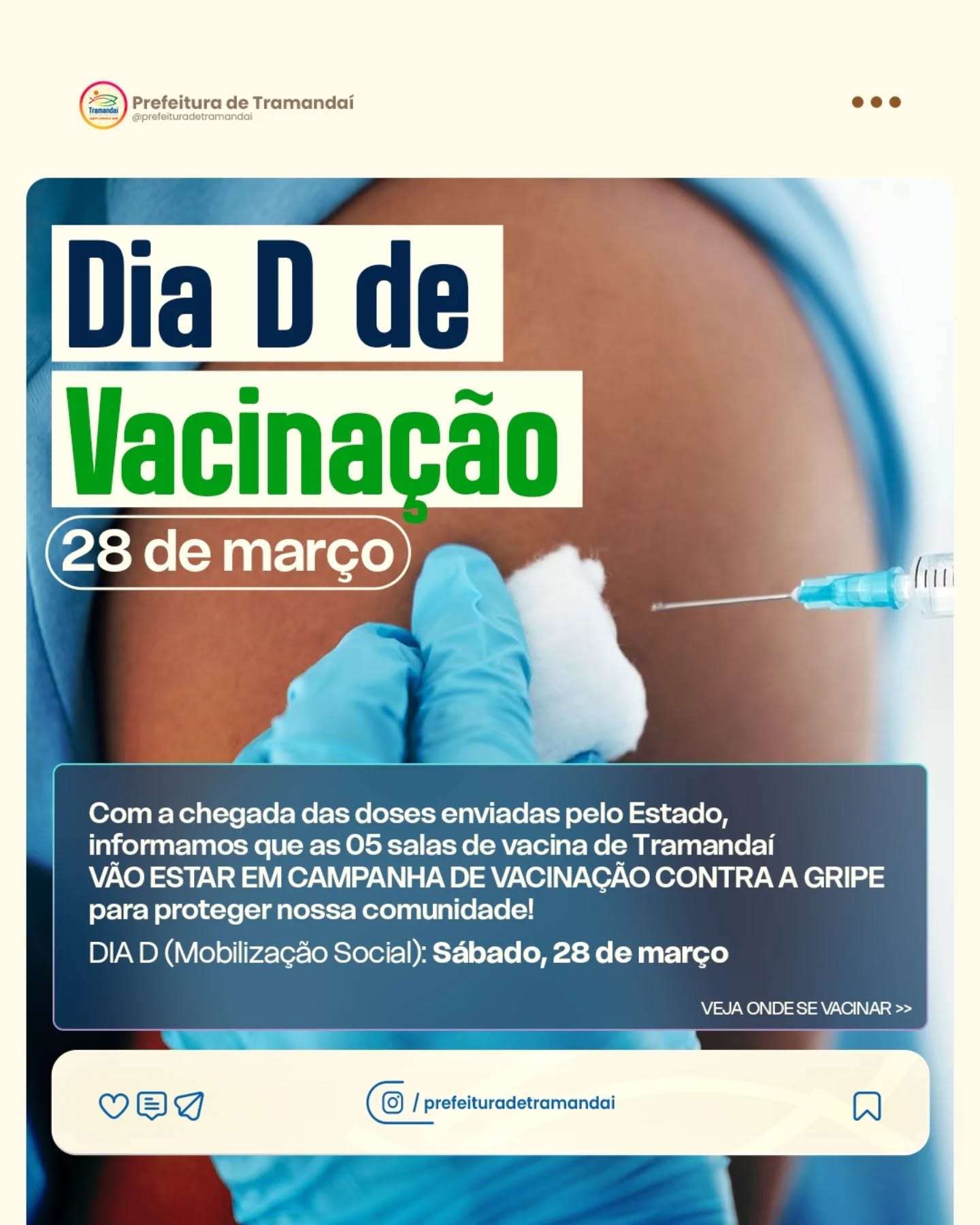 A Prefeitura de Tramandaí, por meio da Secretaria Municipal de Saúde, informa que neste sábado, 28 de março, será realizado o Dia D de Vacinação contra a gripe.