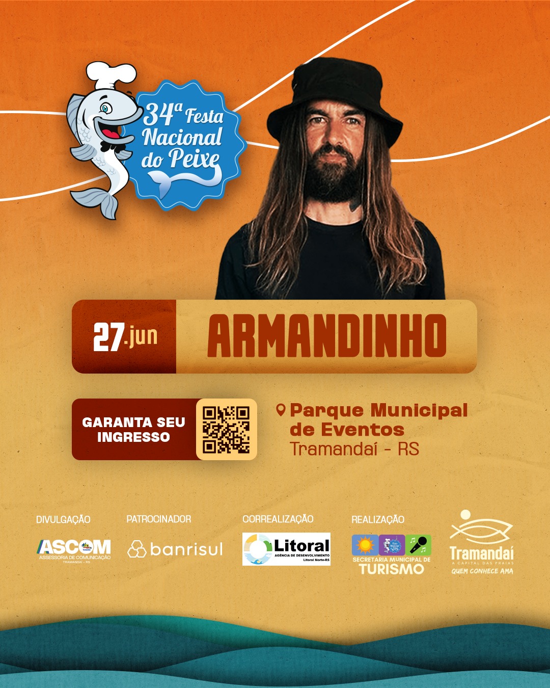 Tramandaí vai entrar no clima da vibe boa, da energia positiva e dos grandes sucessos que marcaram gerações! O cantor Armandinho está confirmado na 34ª Festa Nacional do Peixe e promete uma noite inesquecível no nosso litoral!